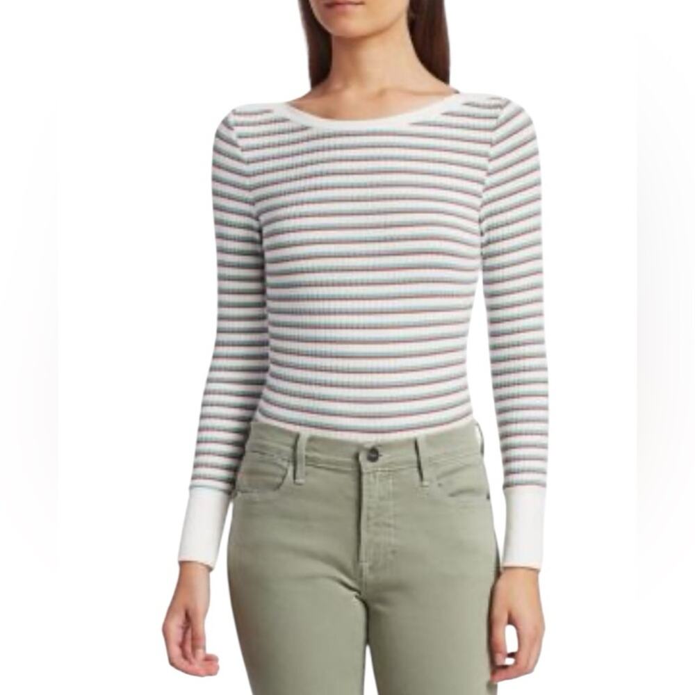 Frame Cropped Stripe Knit Top size XS White Brown Green